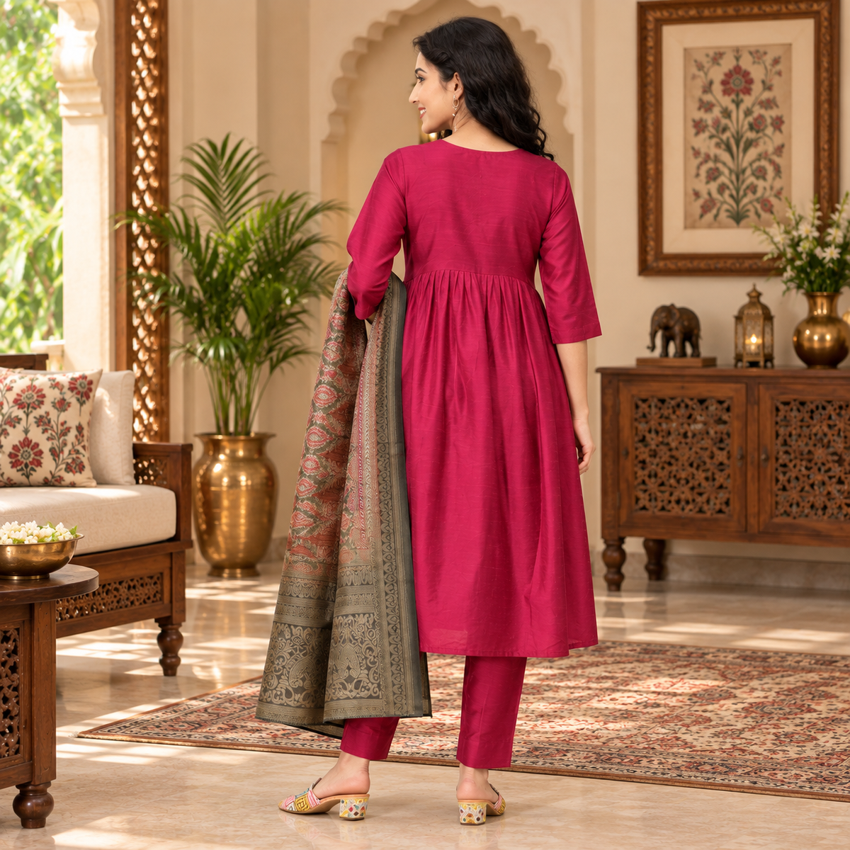 Magenta Maternity & Nursing Silk Kurta Set