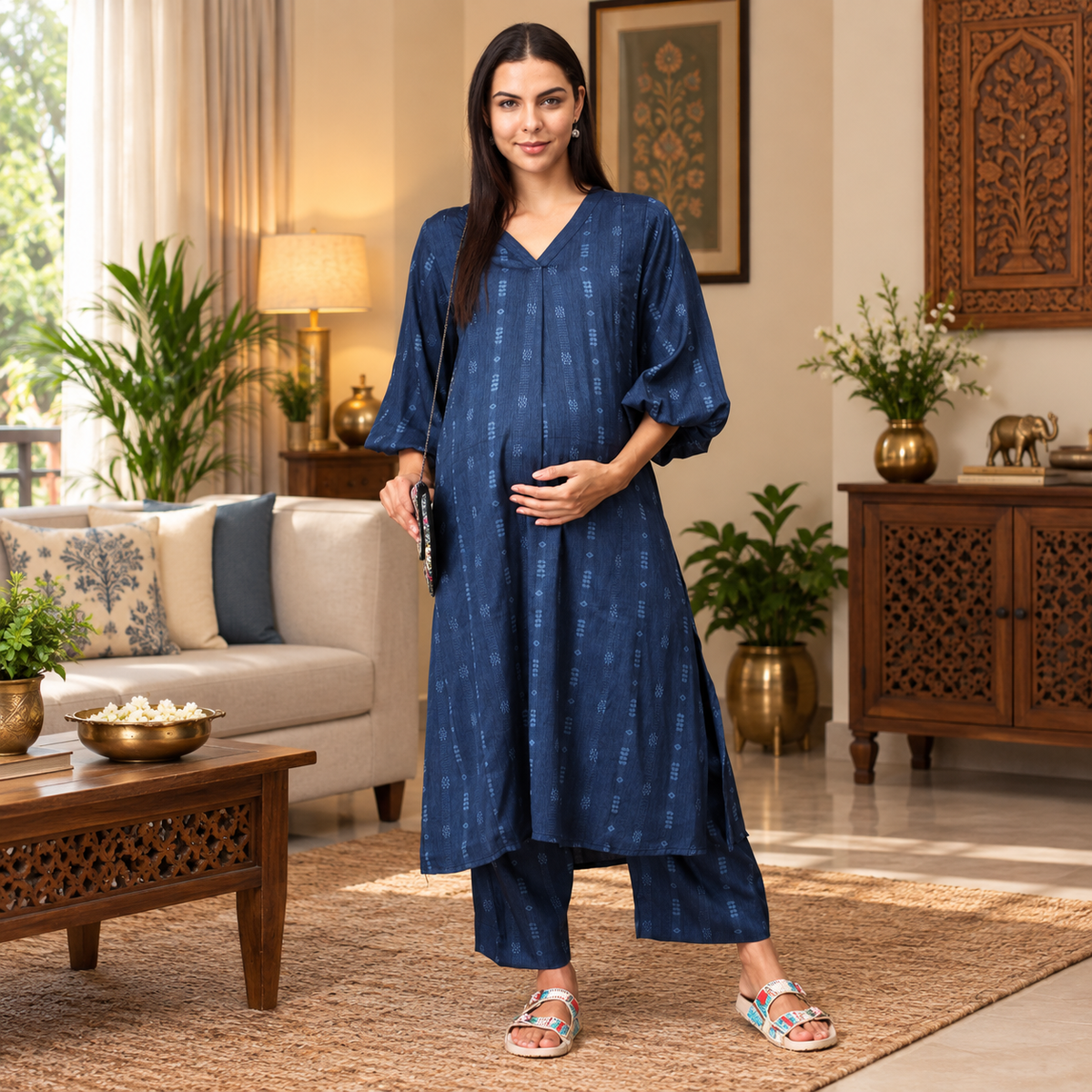 Navy Blue Self-Weave Maternity & Nursing Co-ord Set