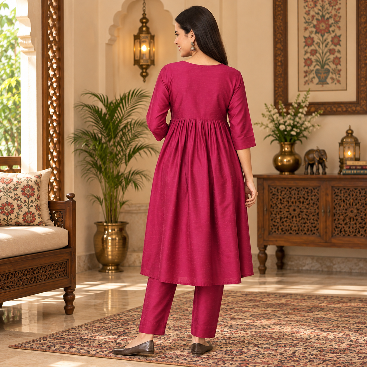 Magenta Maternity & Nursing Silk Kurta Set