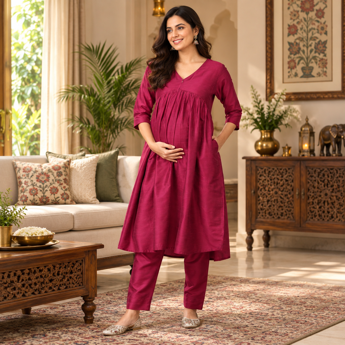 Magenta Maternity & Nursing Silk Kurta Set