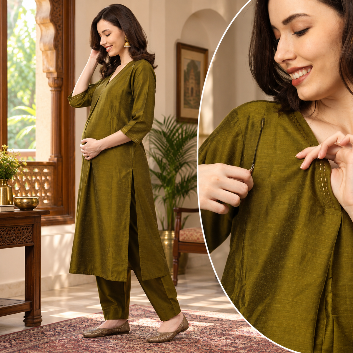 Sassy in Sage Embroidered Maternity and Nursing Silk Kurta Set Olive