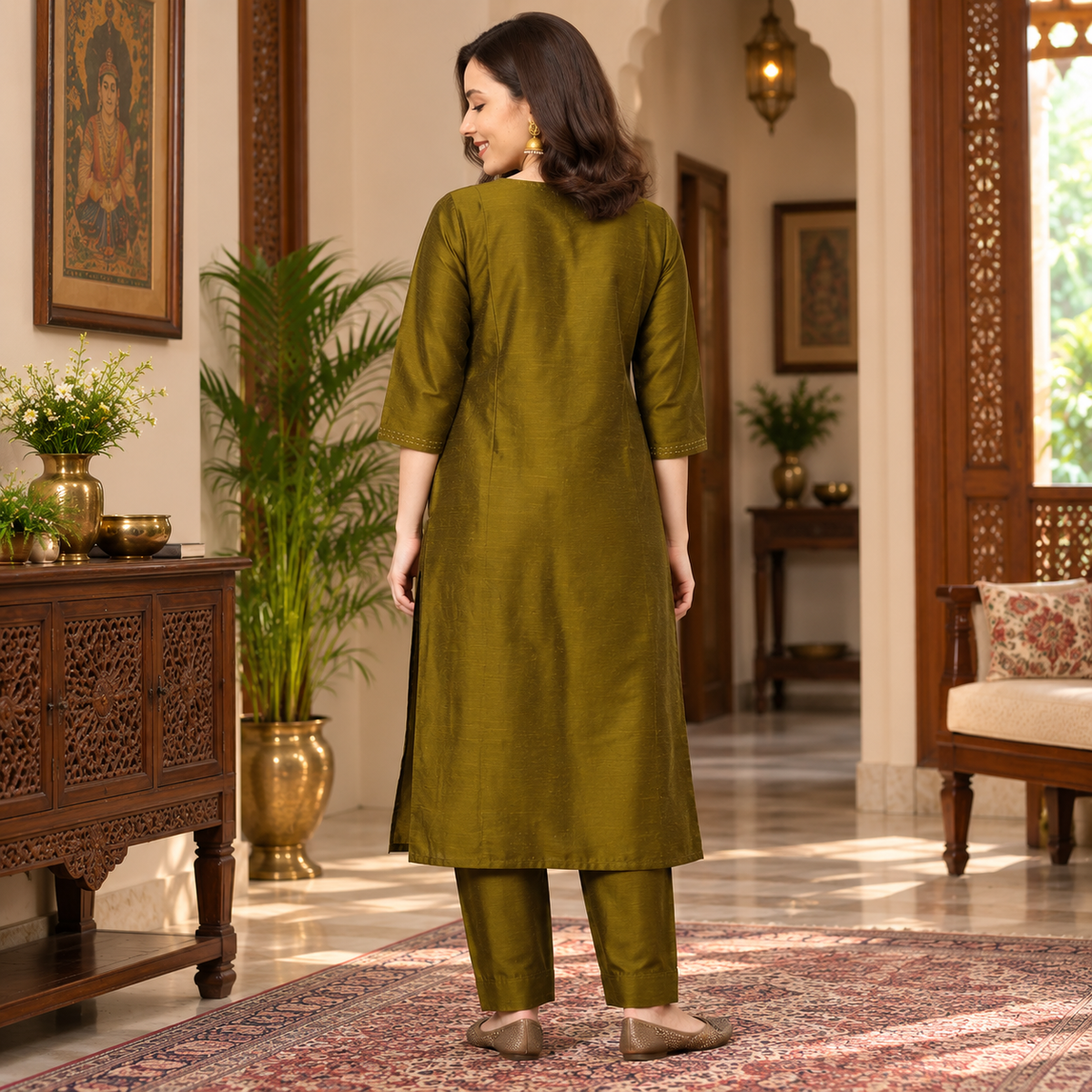 Sassy in Sage Embroidered Maternity and Nursing Silk Kurta Set Olive