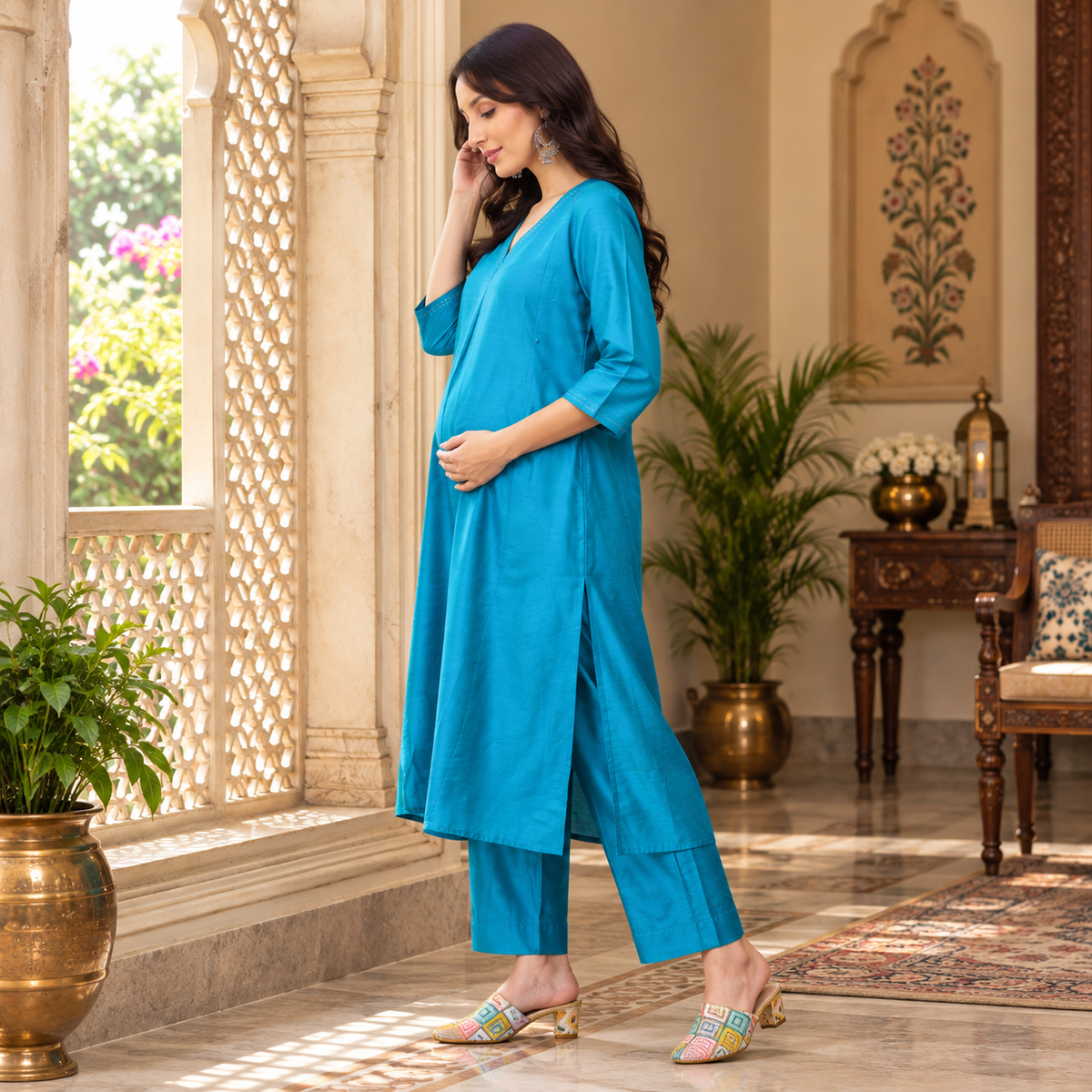 Mermaid Moment Embroidered Maternity & Nursing Silk Kurta Set – Aqua Blue