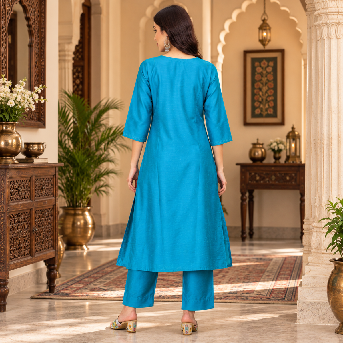 Mermaid Moment Embroidered Maternity & Nursing Silk Kurta Set – Aqua Blue