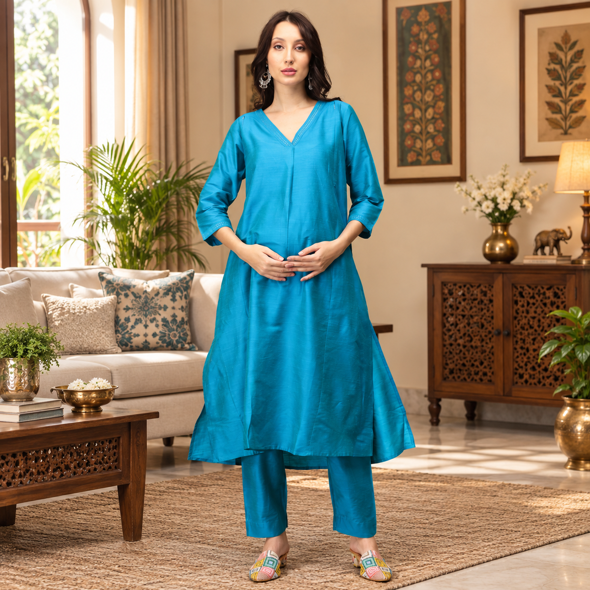 Mermaid Moment Embroidered Maternity & Nursing Silk Kurta Set – Aqua Blue
