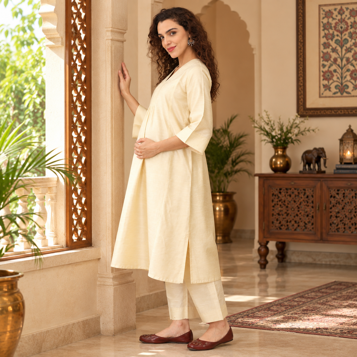 Off-White Raw Silk Maternity & Nursing Kurta Set