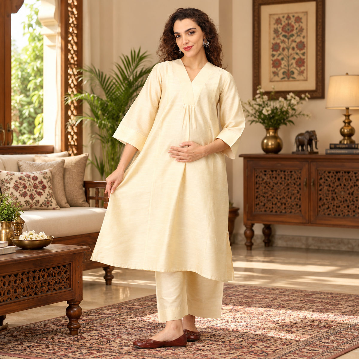 Off-White Raw Silk Maternity & Nursing Kurta Set