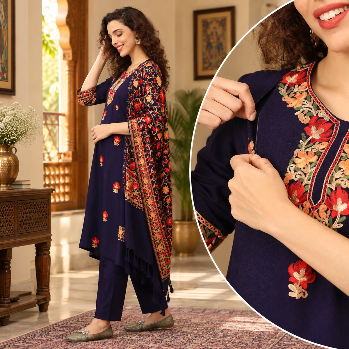 Sitara-e-Neel Cashmilon Maternity & Nursing Kurta Set – Navy Blue