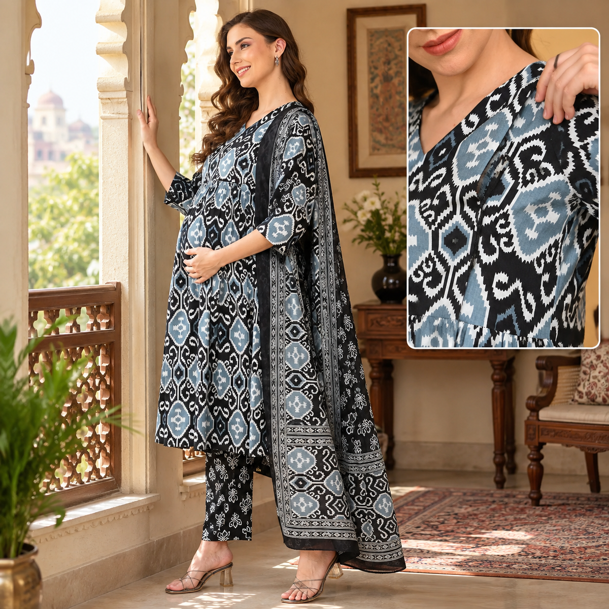 Ivory Shadow Maternity and Nursing Kurta Set Black