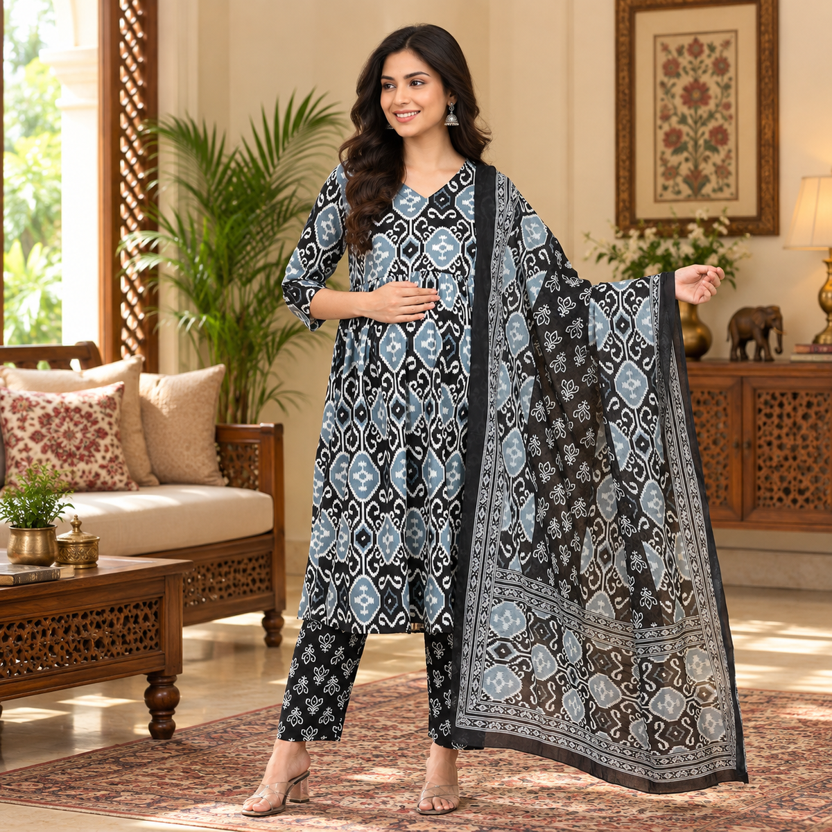 Ivory Shadow Maternity and Nursing Kurta Set Black