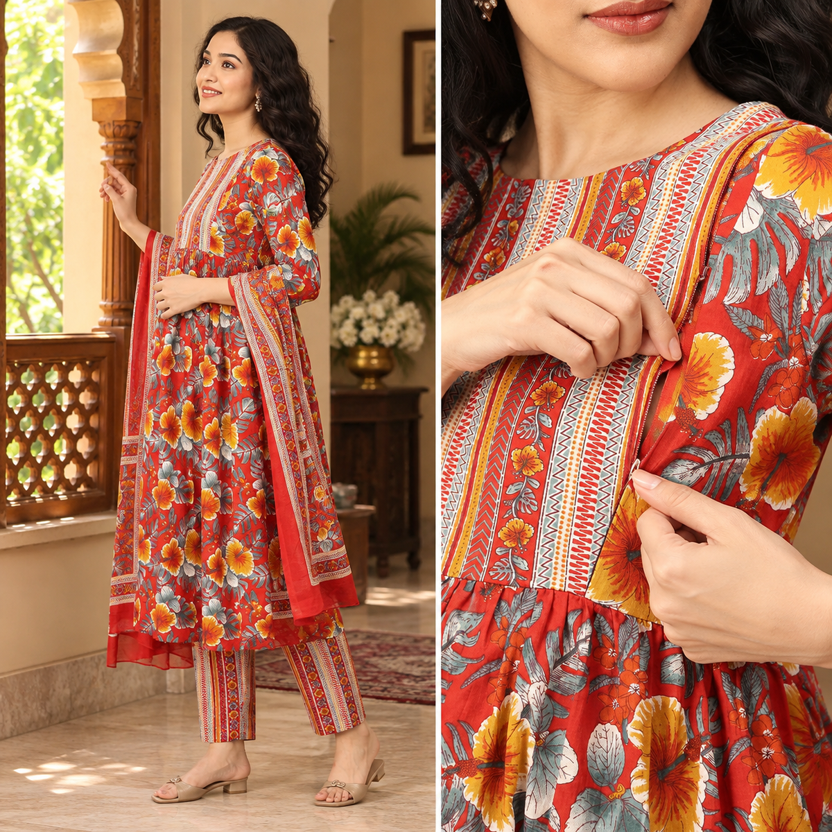 Sindoor Tara Maternity and Nursing Kurta Set Red