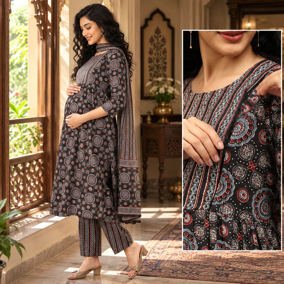 Ajrakh Edit Maternity and Nursing Kurta Set Black