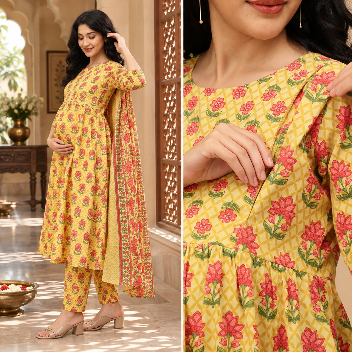 Gulmohar Grace Maternity and Nursing Kurta Set Yellow