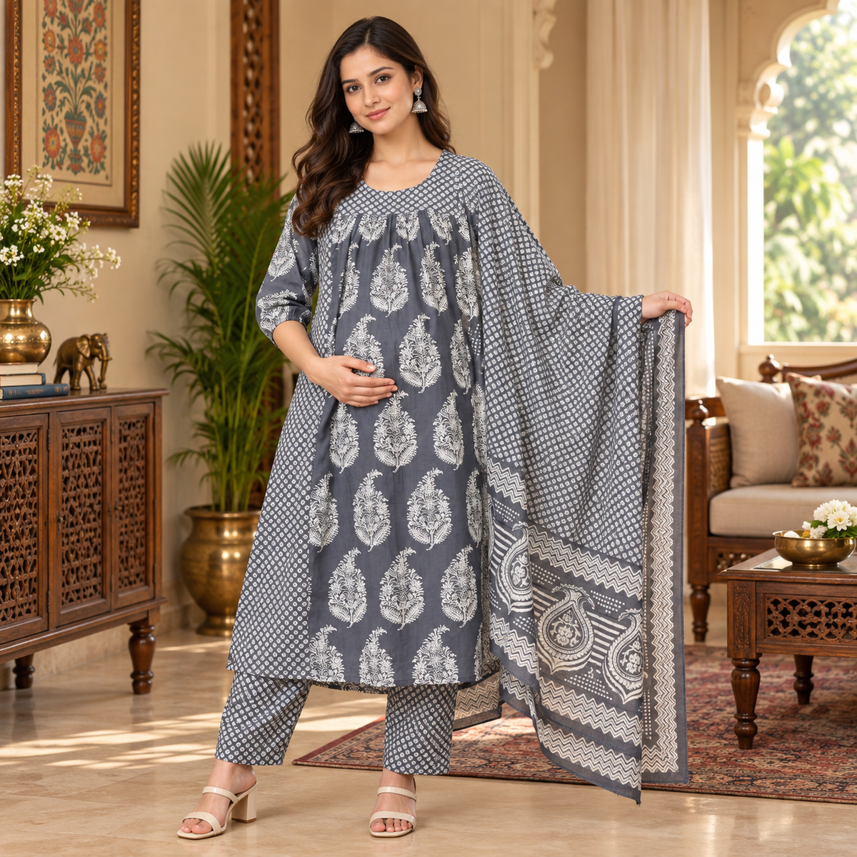 Naval Nirvana Maternity and Nursing Kurta Set Grey