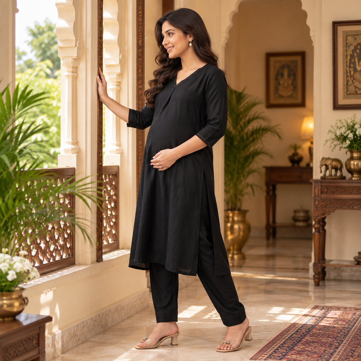 Ebony Embroidered Maternity and Nursing Silk Kurta Set Black