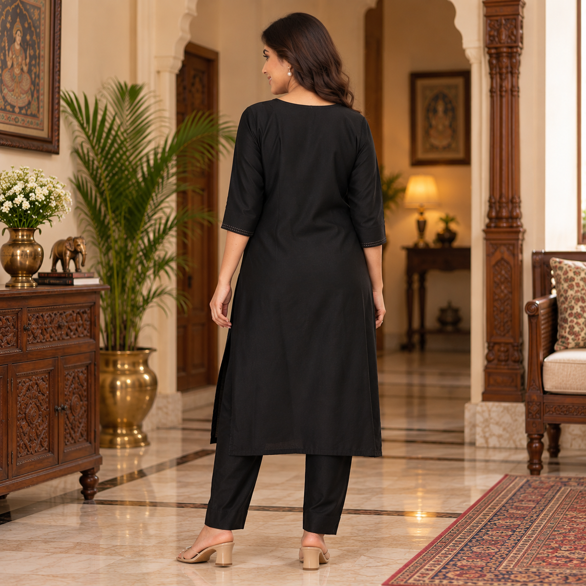 Ebony Embroidered Maternity and Nursing Silk Kurta Set Black