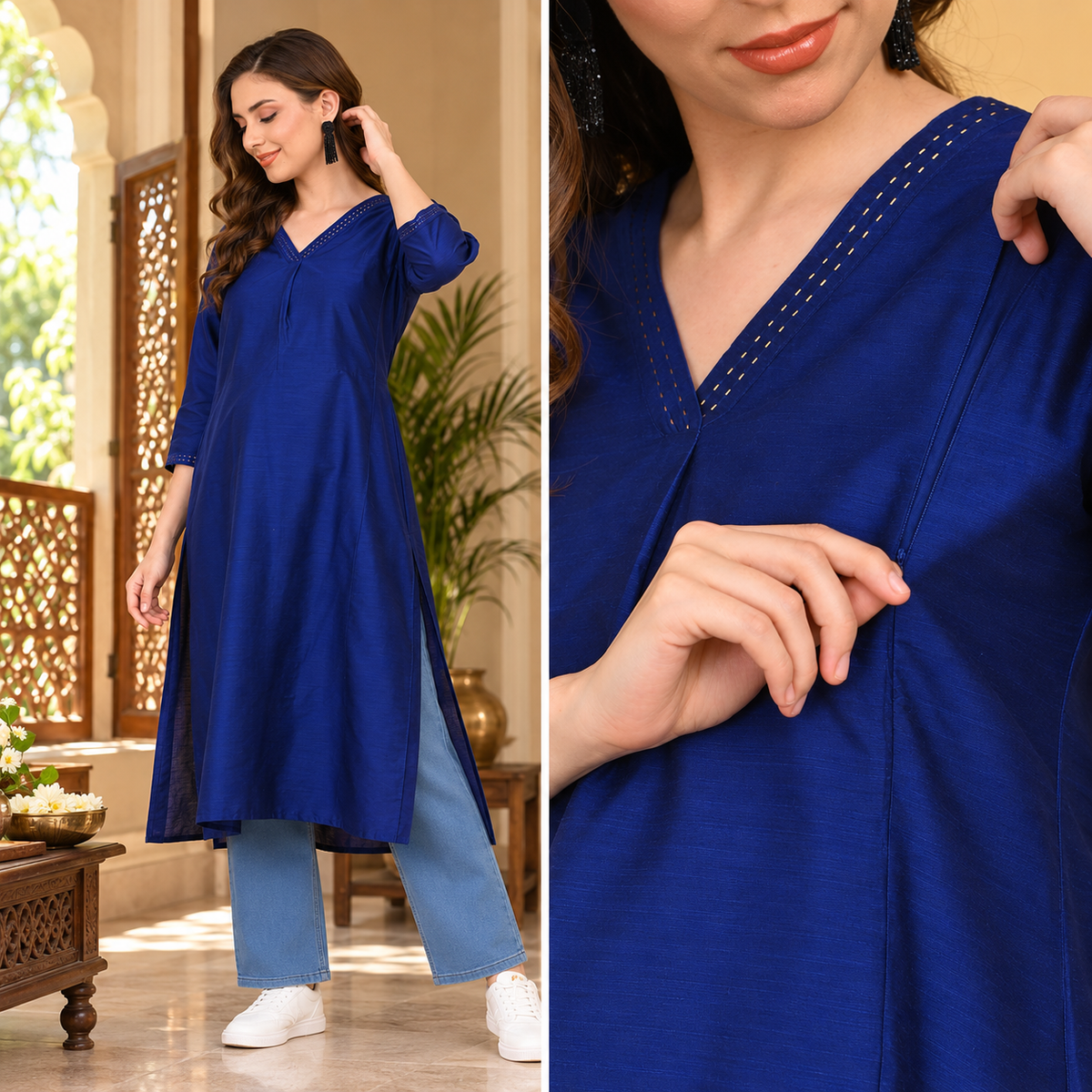 Royal Blue Embroidered Maternity and Nursing Silk Kurta Blue