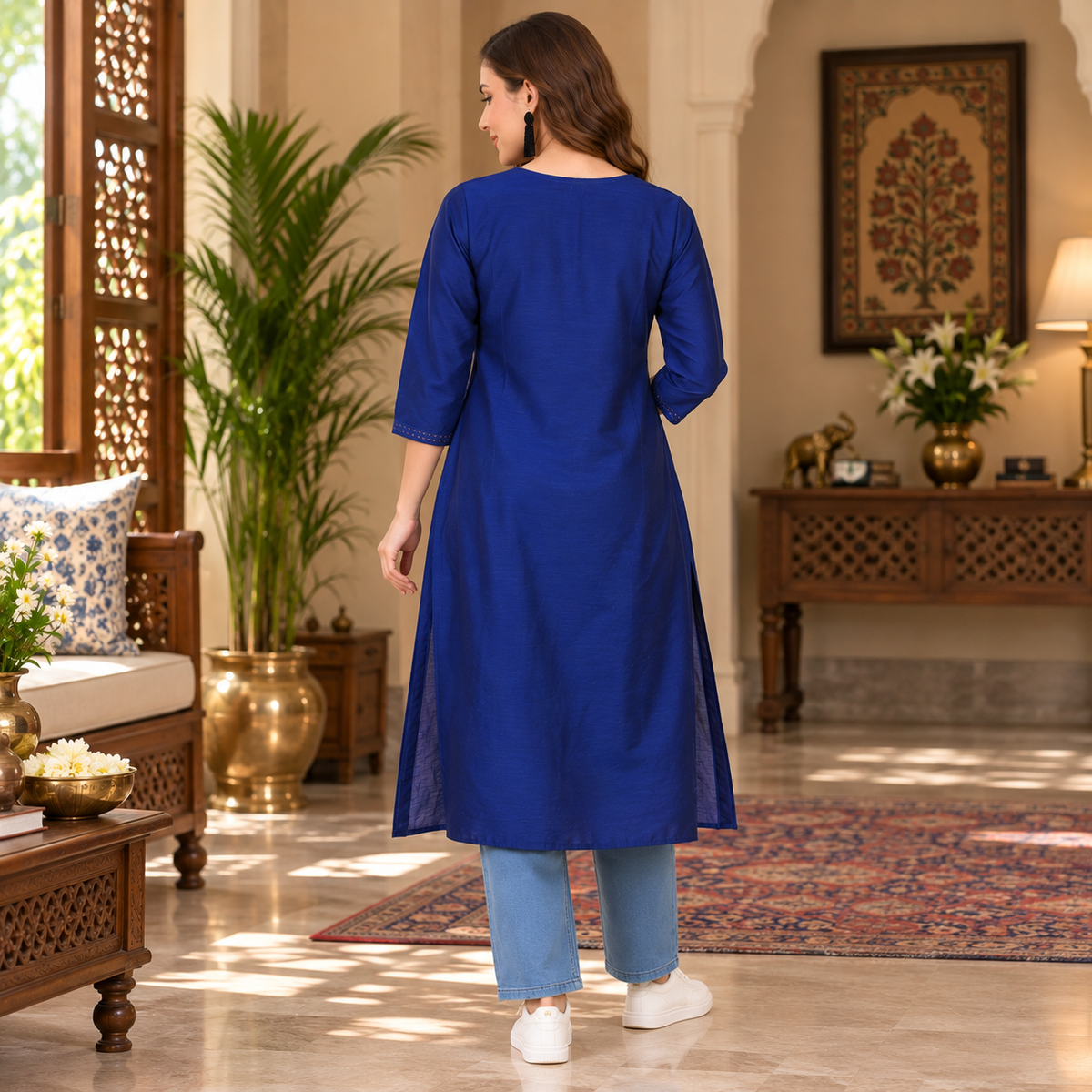 Royal Blue Embroidered Maternity and Nursing Silk Kurta Blue