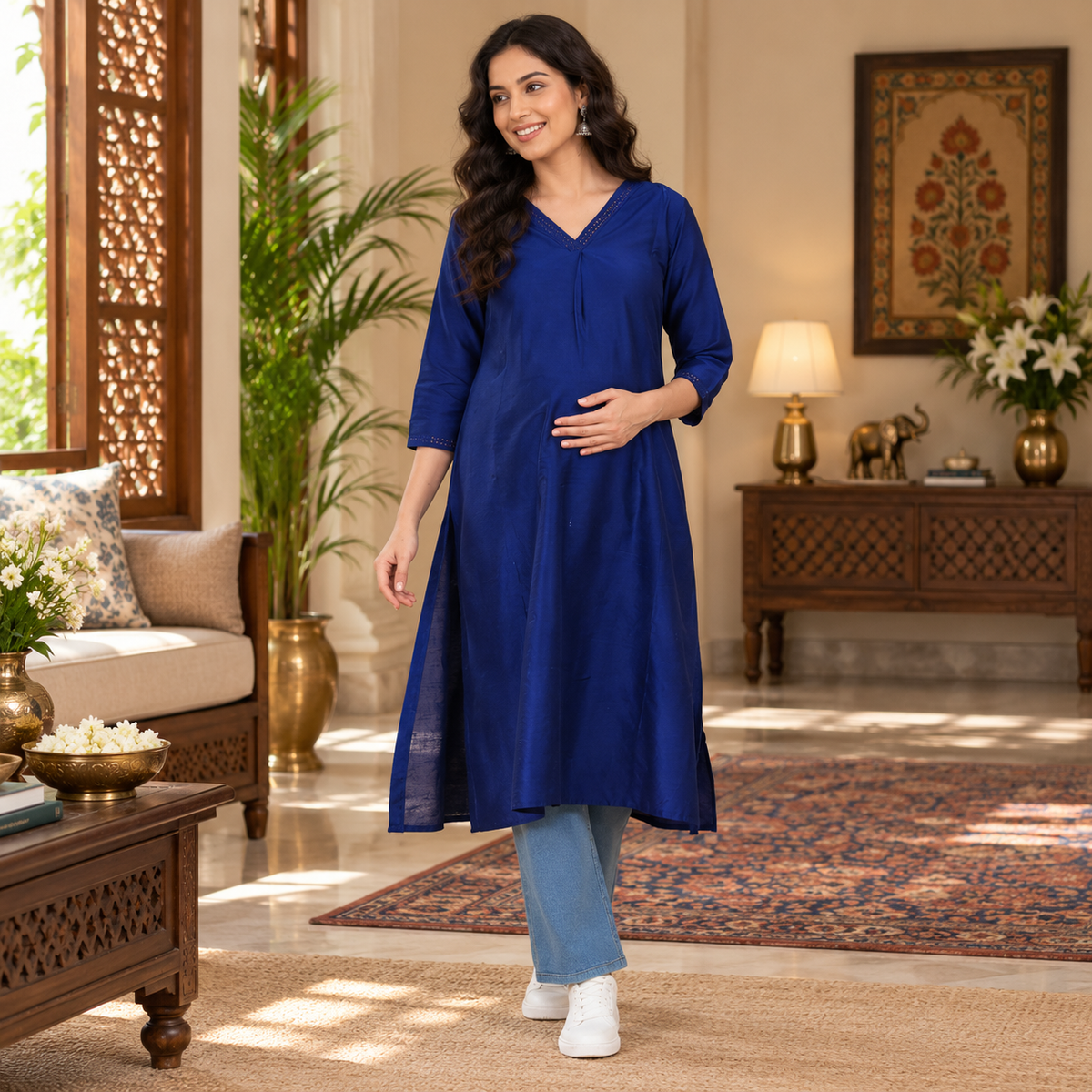 Royal Blue Embroidered Maternity and Nursing Silk Kurta Blue