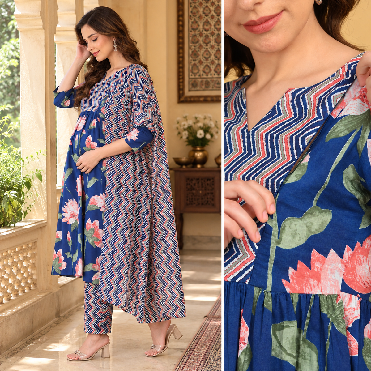 NeelVaani Maternity and Nursing Kurta Set Navy Blue