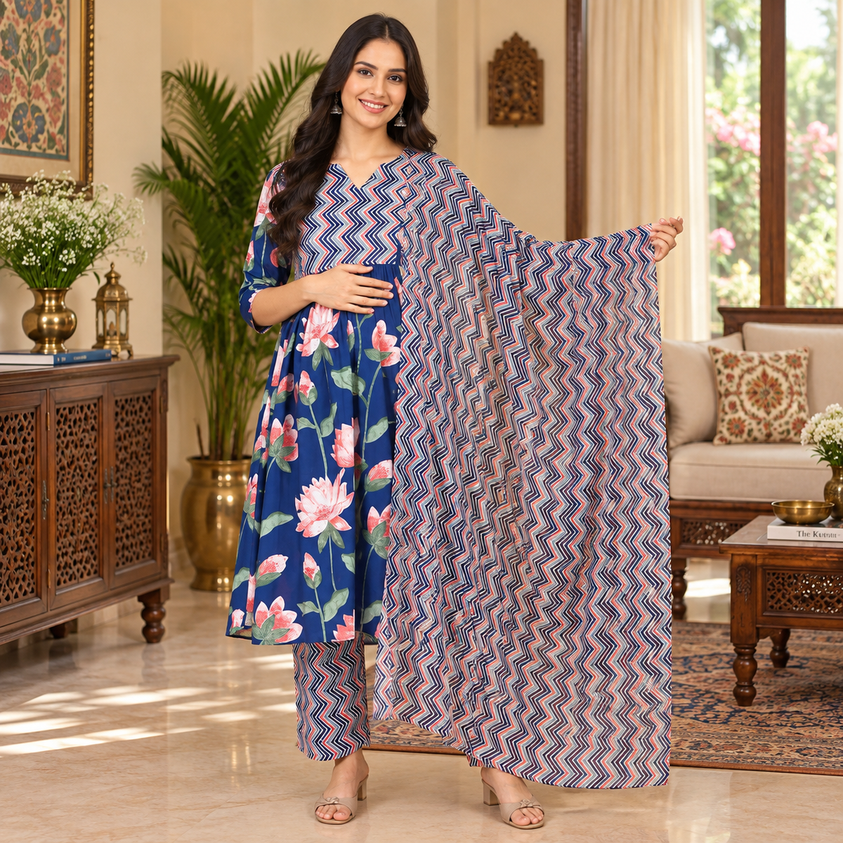NeelVaani Maternity and Nursing Kurta Set Navy Blue