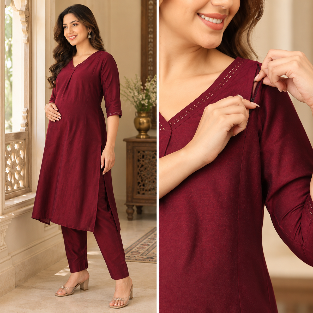 Marilyn Merlot Embroidered Maternity and Nursing Kurta Set Wine