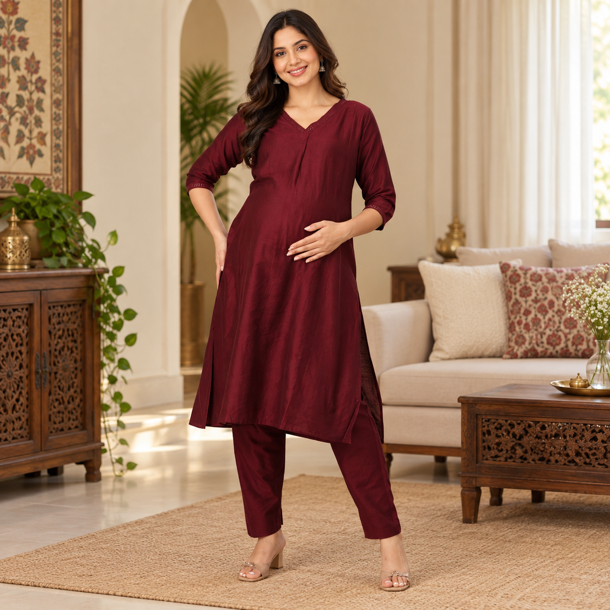 Marilyn Merlot Embroidered Maternity and Nursing Kurta Set Wine