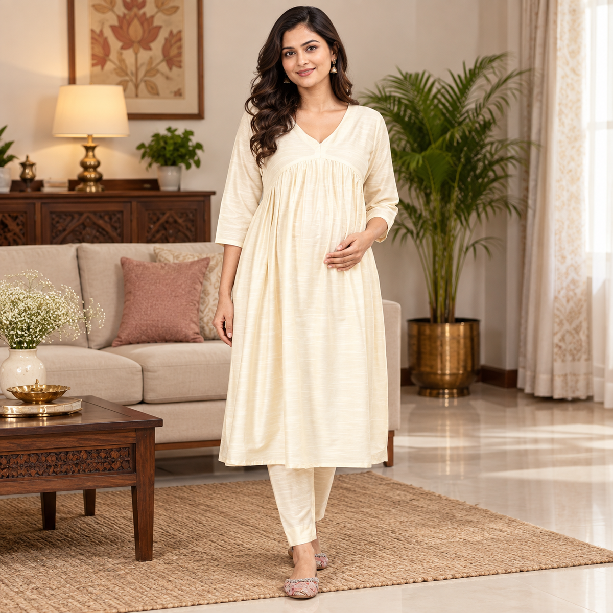 Vanilla Chai Maternity and Nursing Silk Kurta Set Off White