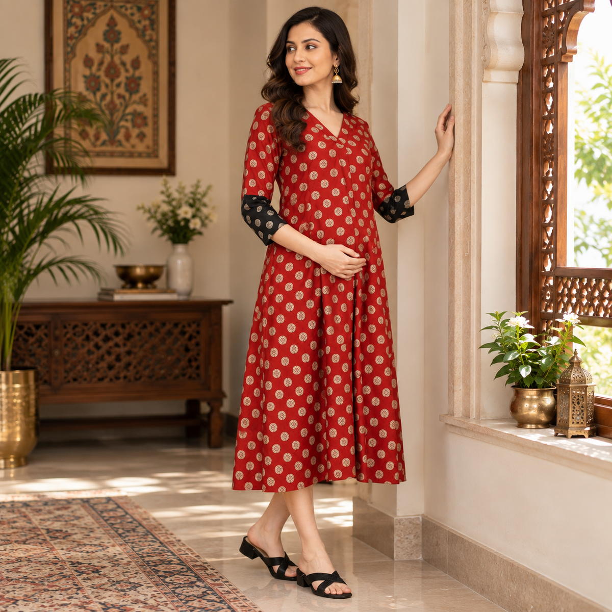 Laal-e-Nazakat Silk Foil Printed Maternity and Nursing Dress Maroon