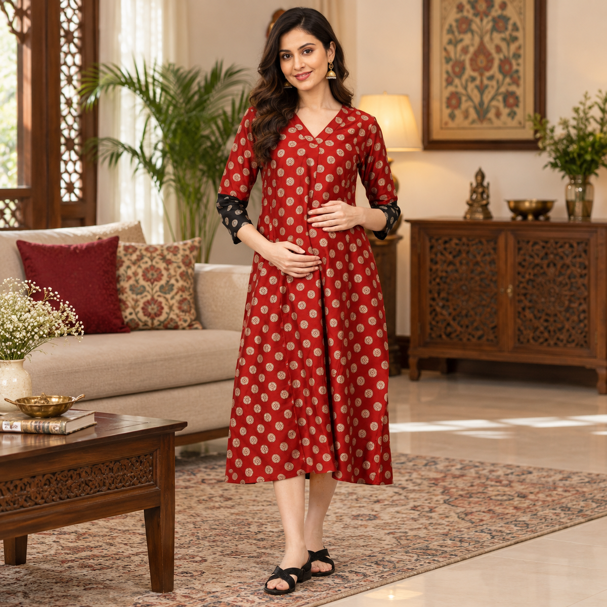 Laal-e-Nazakat Silk Foil Printed Maternity and Nursing Dress Maroon