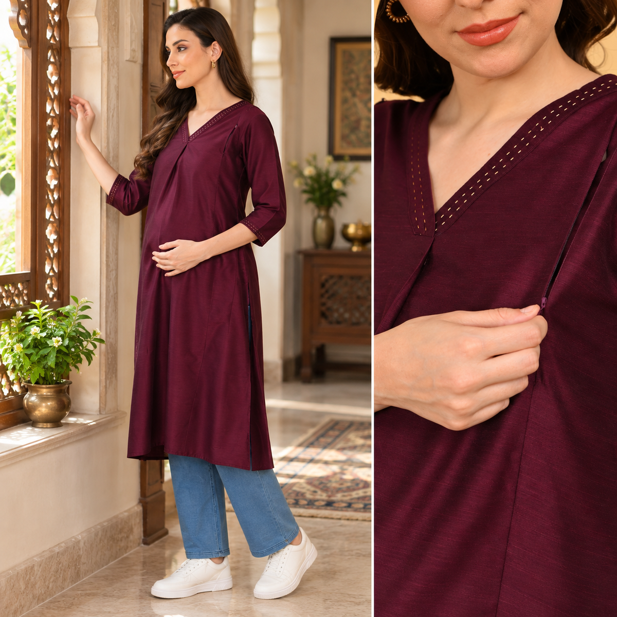 Wine Embroidered Maternity and Nursing Silk Kurta Wine