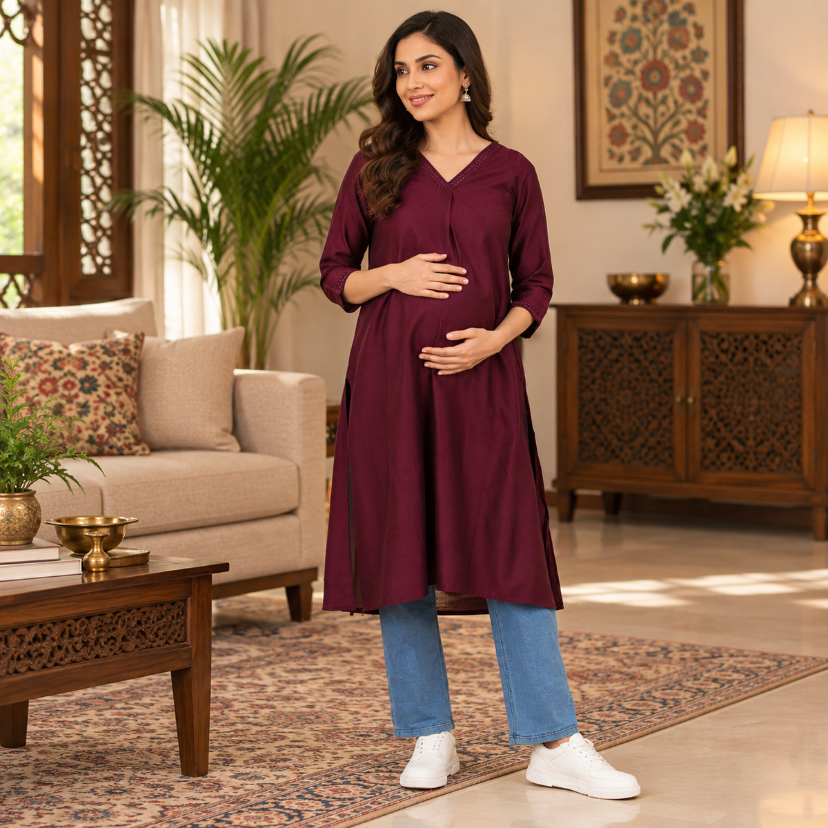 Wine Embroidered Maternity and Nursing Silk Kurta Wine