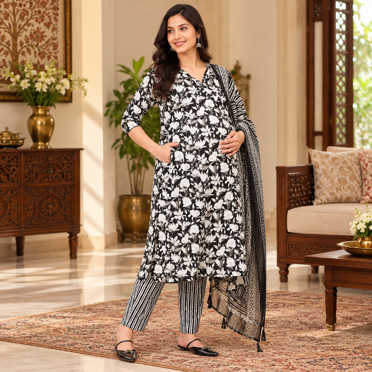 Bagh-E-Black Maternity and Nursing Kurta Set Multi
