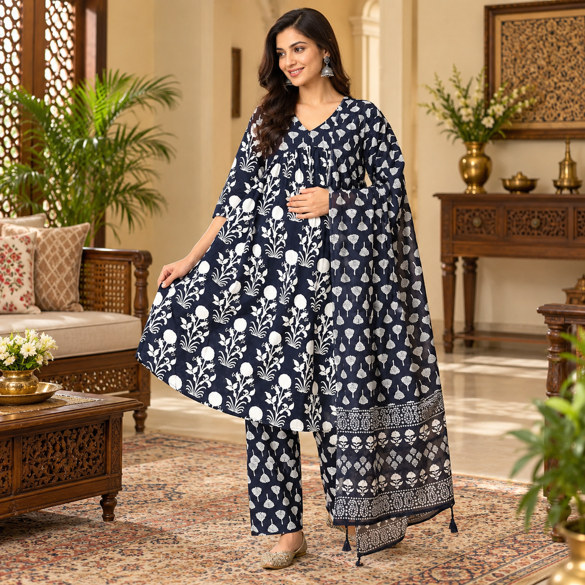 Taal Tarang Maternity and Nursing Kurta Set Navy Blue