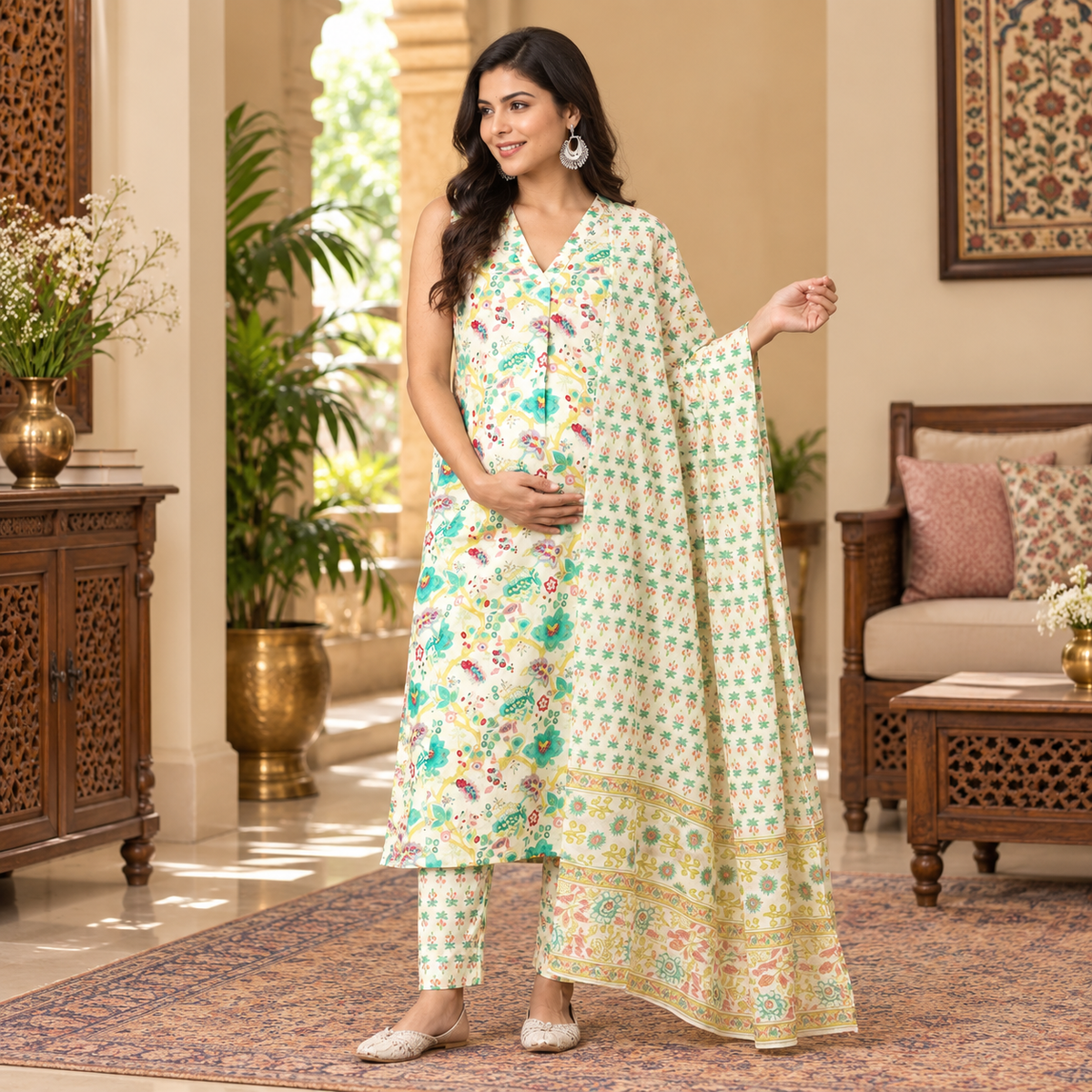 Aabha Maternity and Nursing Sleeveless Kurta Set Multi