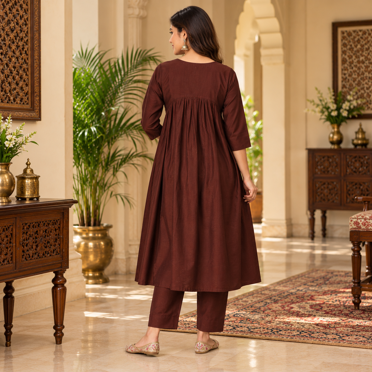 Cozy Café Maternity and Nursing Silk Kurta Set Brown