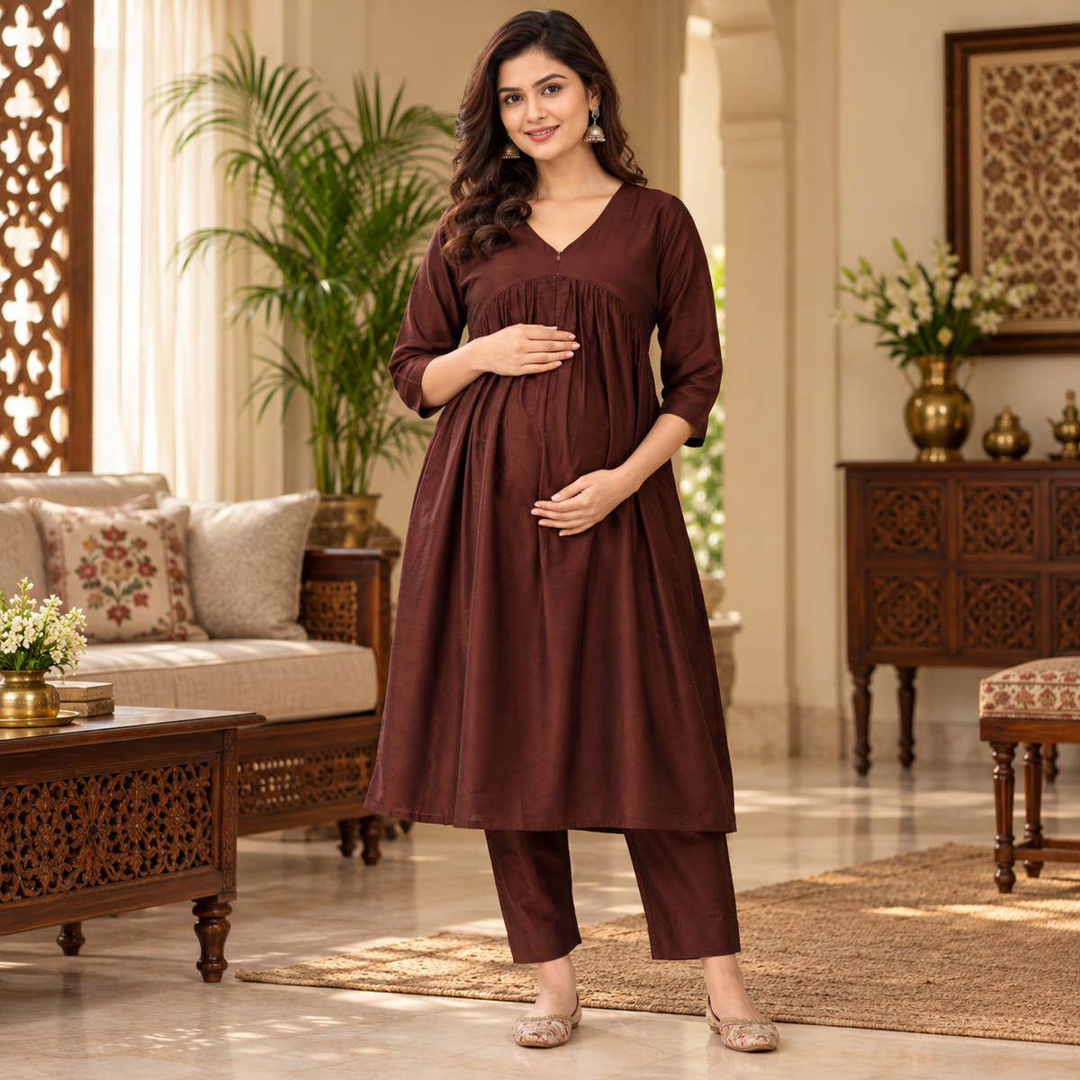 Cozy Café Maternity and Nursing Silk Kurta Set Brown