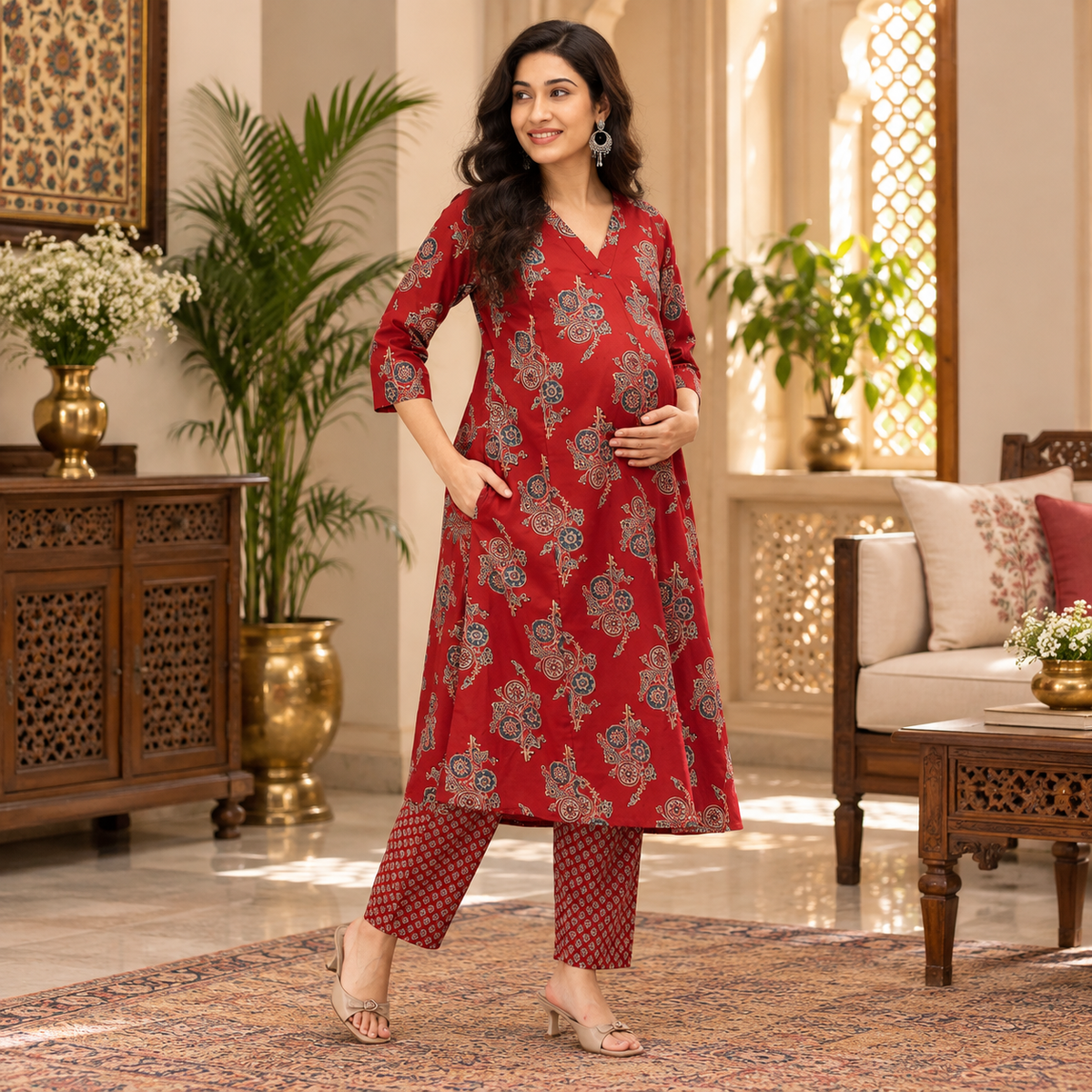 Aafreen Maternity and Nursing Anarkali Kurta Set Multi