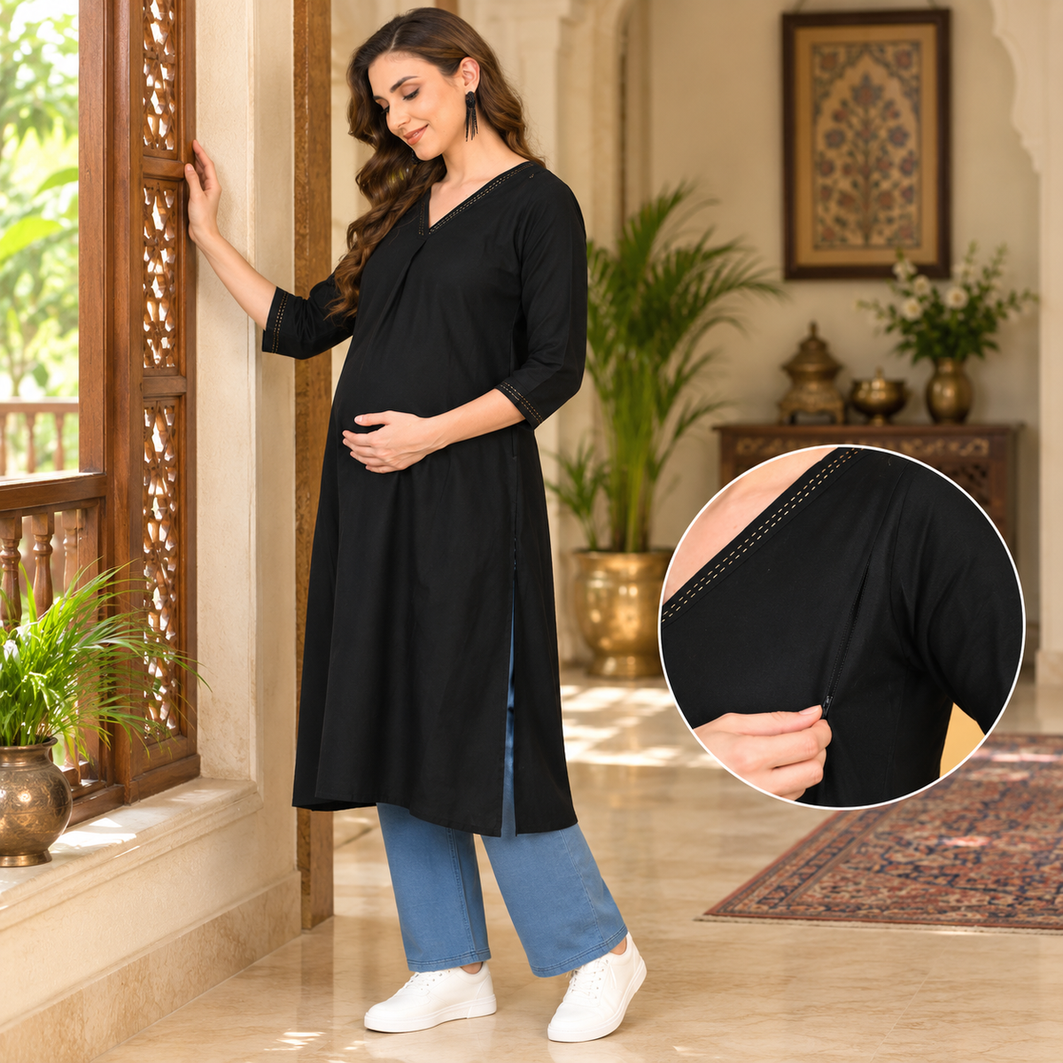 Black Embroidered Maternity and Nursing Silk Kurta Black