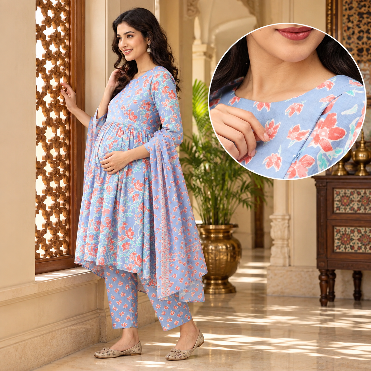 Saanjh Phool Maternity and Nursing Kurta Set Blue