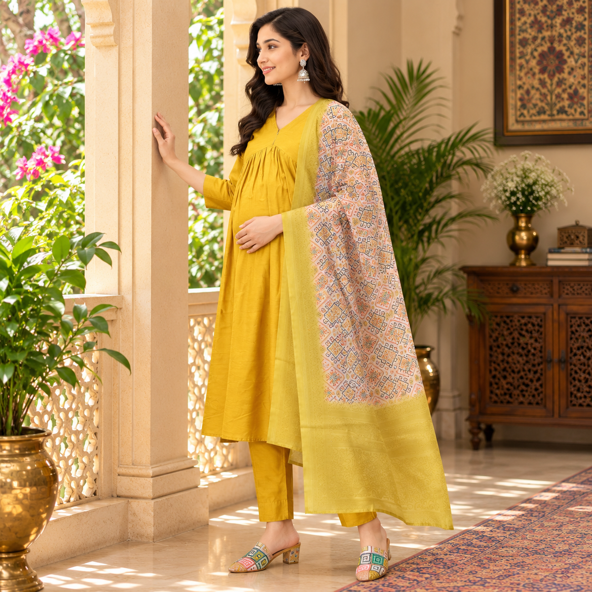 Rang-e-Kesar Maternity and Nursing Silk Kurta Set Yellow