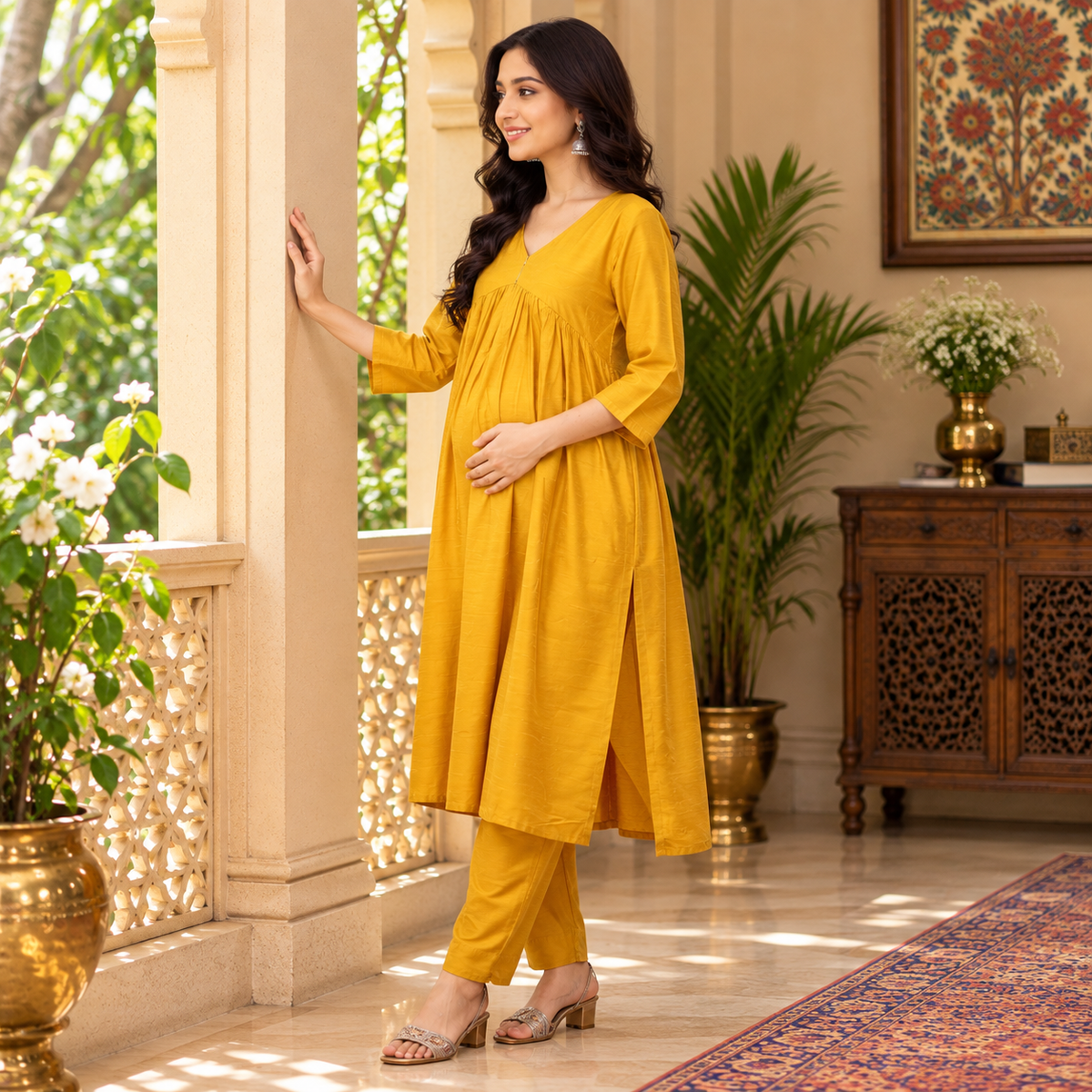 Rang-e-Kesar Maternity and Nursing Silk Kurta Set Yellow