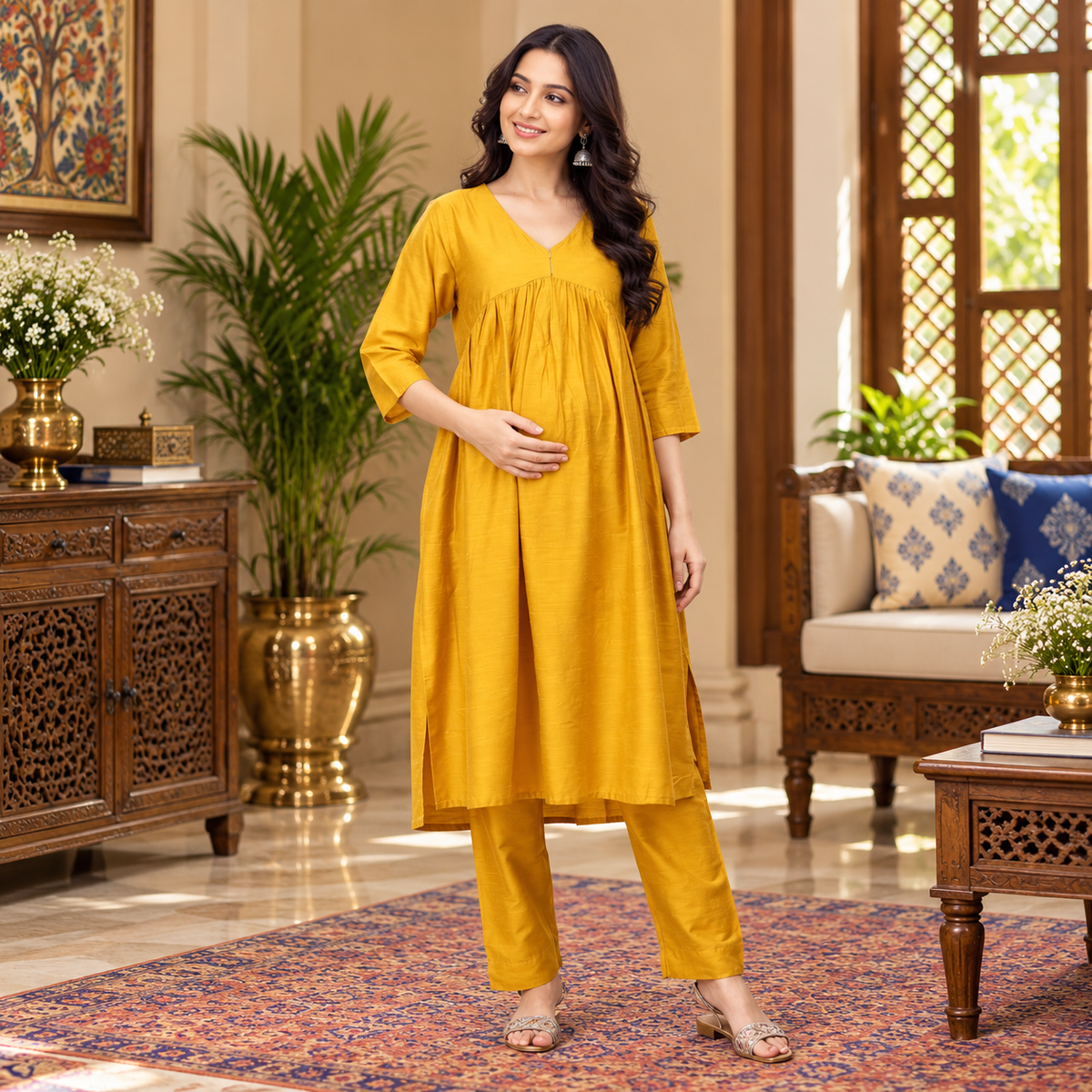 Rang-e-Kesar Maternity and Nursing Silk Kurta Set Yellow