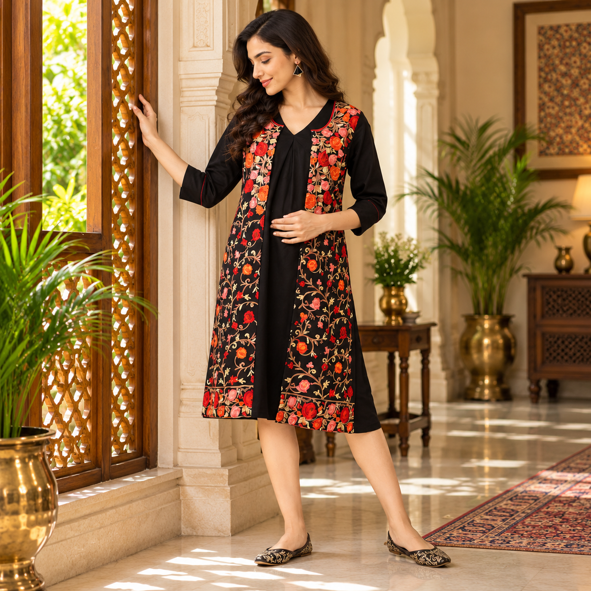 Shabnam Cashmilon Maternity and Nursing Shacket Dress Black