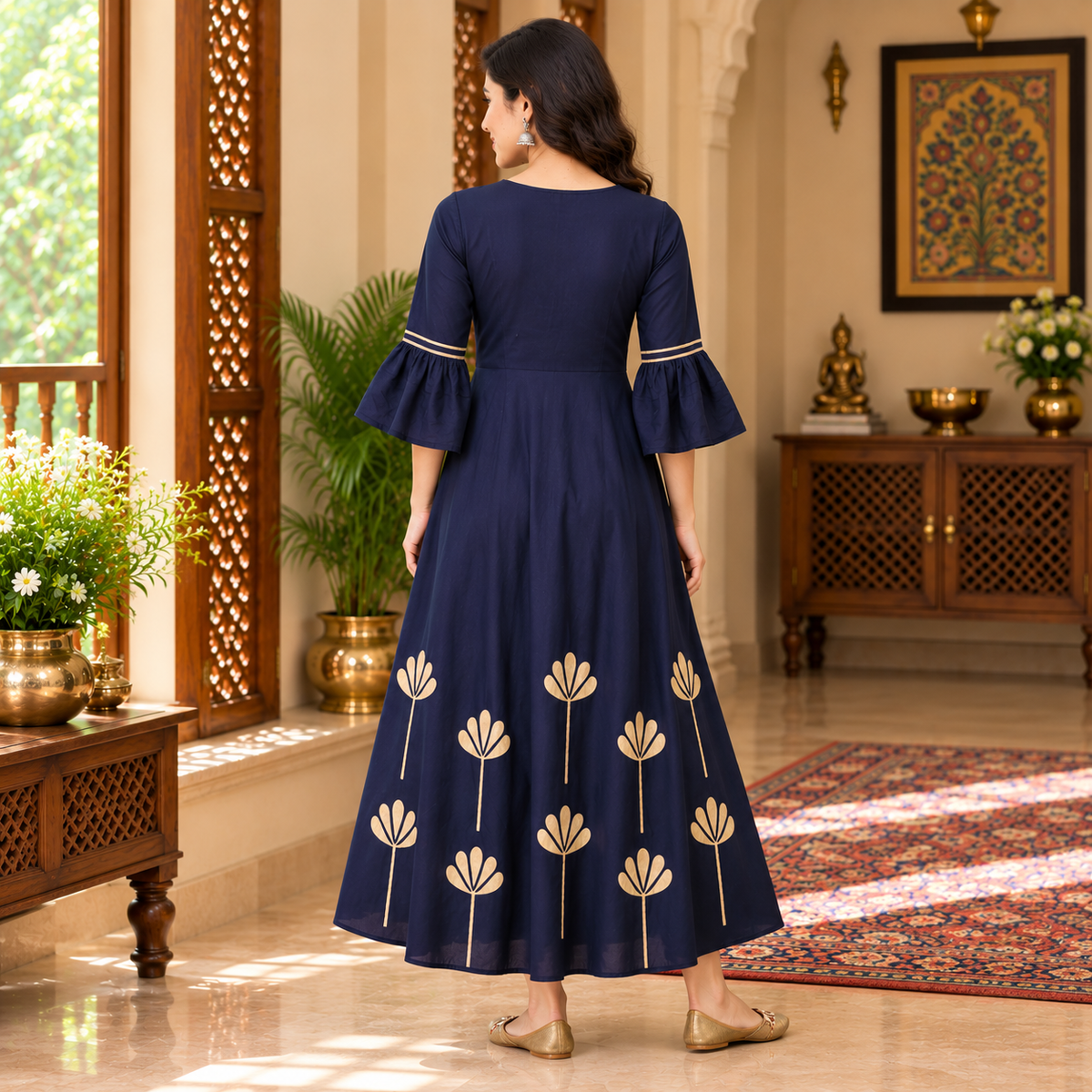 Navy Flared Floral Gold Foil Print Maternity and Nursing Kurti Navy