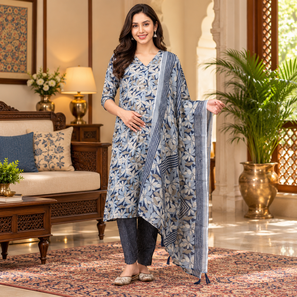 Phool On Navy Maternity and Nursing Kurta Set Navy