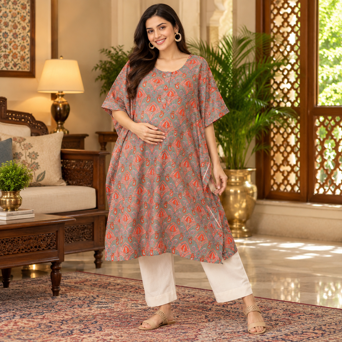 Chand Sitare Maternity and Nursing Kaftan Kurta Set Yellow