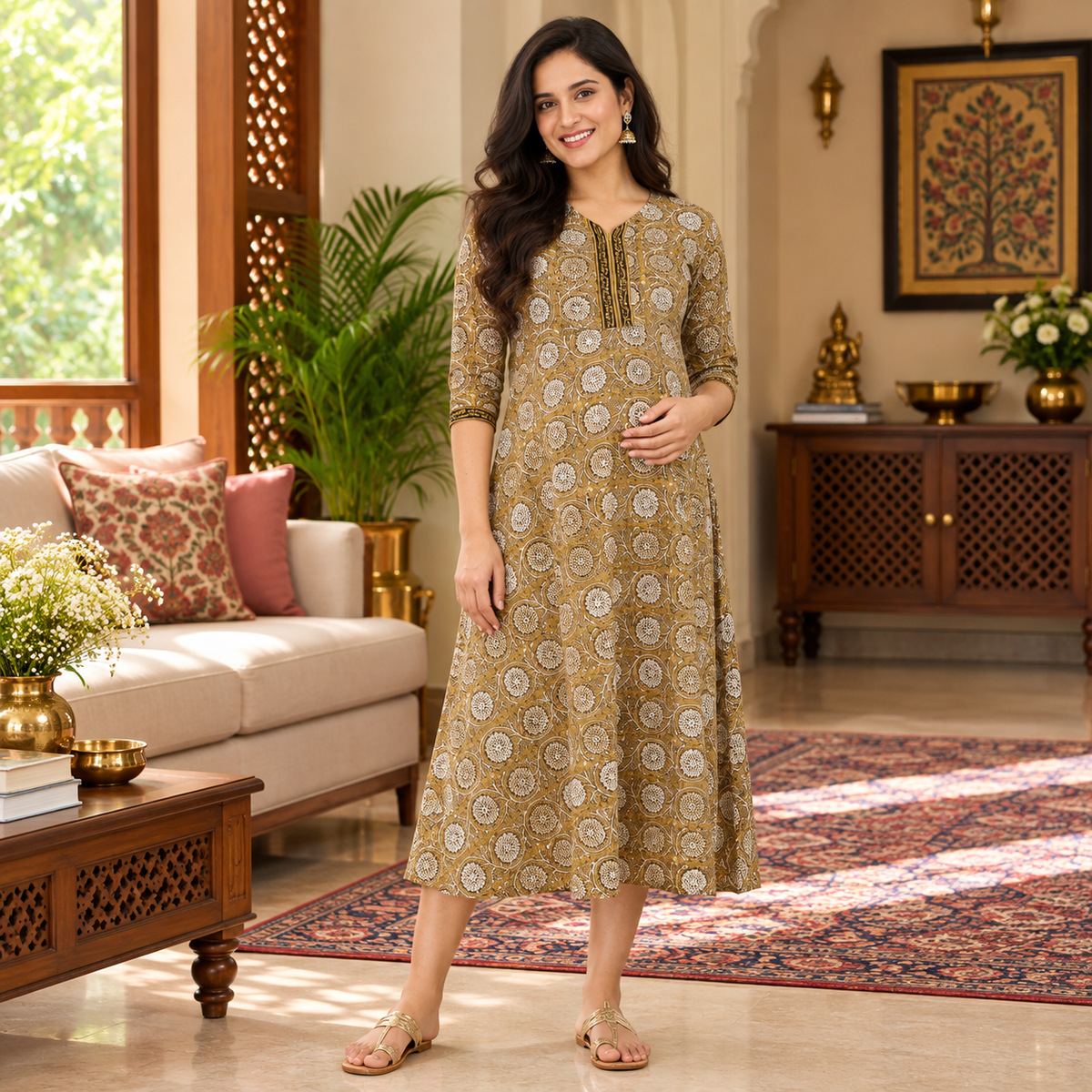 Bhumi Floral Print Maternity and Nursing Kurti Dress Blue