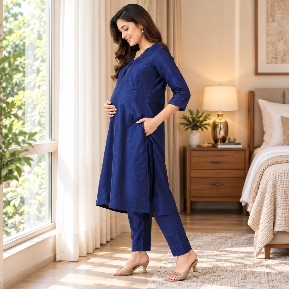 Royal Cosmic Embroidered Maternity Nursing Silk Kurta Set