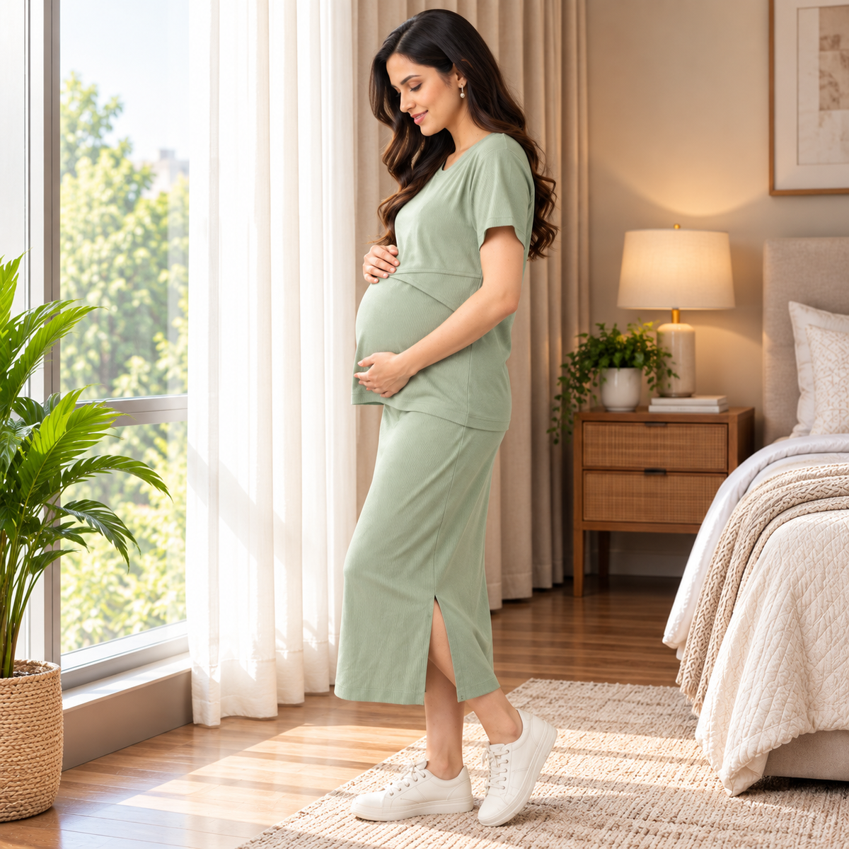 Olive the Trend Ribbed Maternity and Nursing Skirt Set Olive